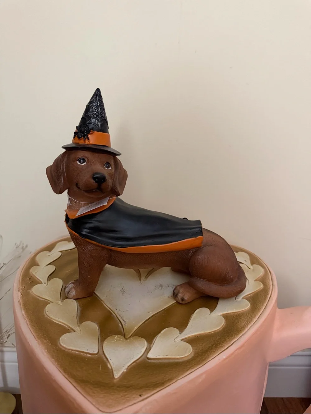 Resin Halloween Dachshund Dog in Black Witch Cape & Hat with Spider